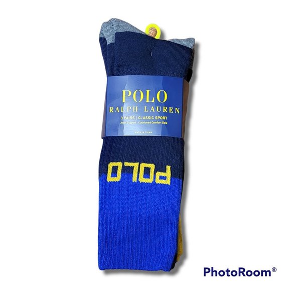 Polo Ralph Lauren Classic Sport Crew Sock 3-Pack Pair Yellow Navy Royal Blue - Picture 2 of 10